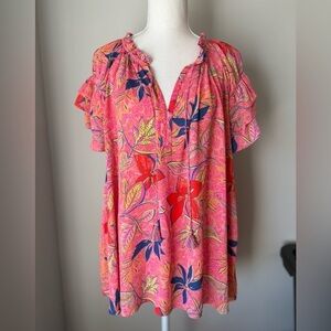 Rose + Olive 2XL Bright Pink Floral Blouse Ruffle Tie Neck NWT